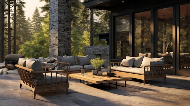 the first view of an outdoor furniture patio in the forest in the style of realistic