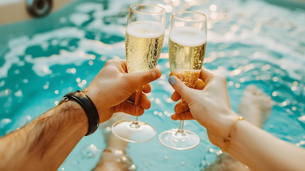 Firstperson view of a couple toasting with champagne in a jacuzzi