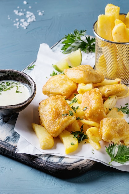 Fish and chips met saus