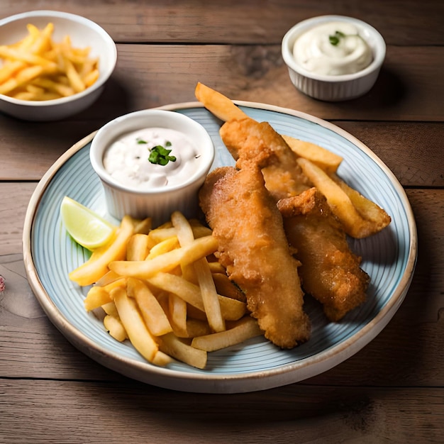 Fish and chips op een bord met een saus erbij.