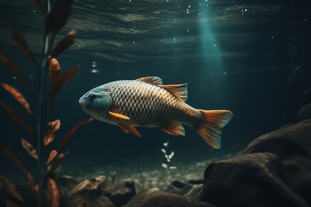 Foto pesce in un acquario con uno sfondo blu