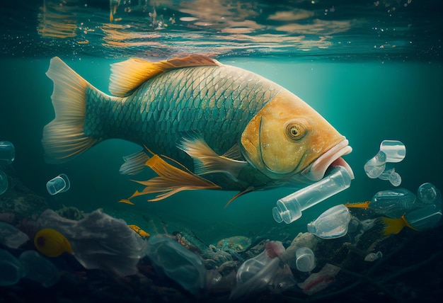 Fish are drowning in trash AI Generated