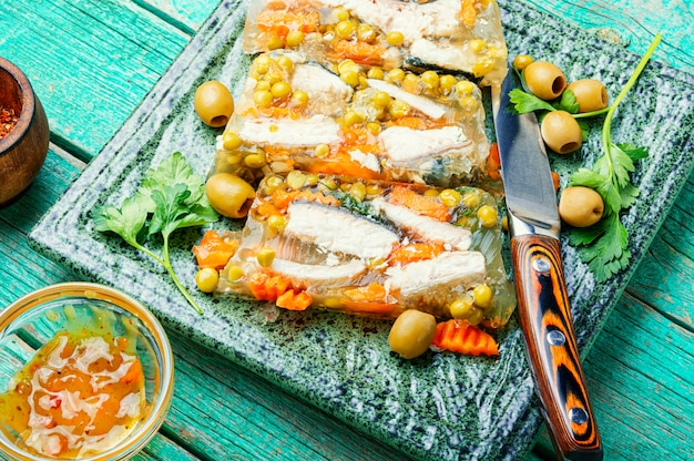 Fish aspic on plate