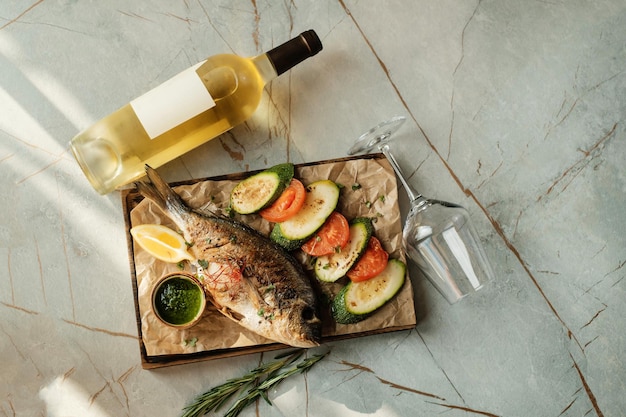 Fish baked with vegetables Seafood dish with wine