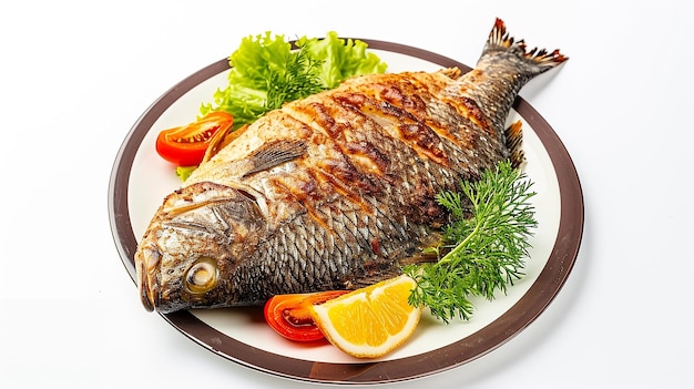 Photo fish barbecue fresh isolated image on white background bbq fish on dish decoration with latus