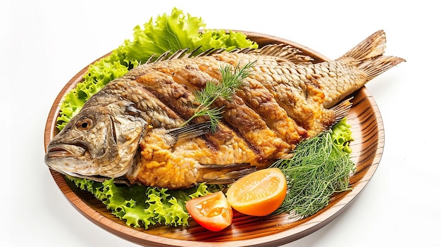색 배경에 신선한 고립된 이미지 BBQ 라투스와 함께 접시 장식에 물고기