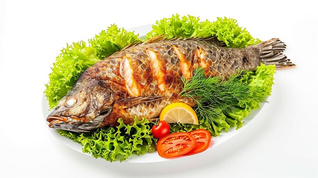 fish barbecue fresh isolated image on white background BBQ Fish on dish decoration with latus