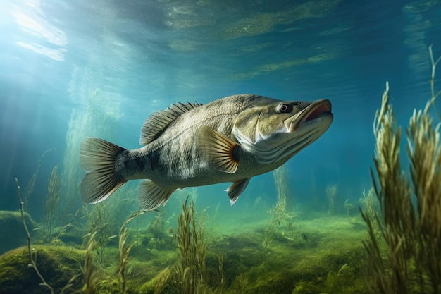 Photo fish bass in habitat under water looking for prey