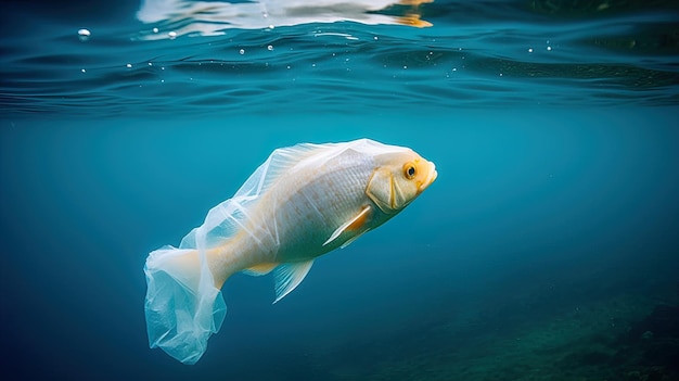 Fish being trapped by a plastic bag discarded in the ocean by humans climate change concept