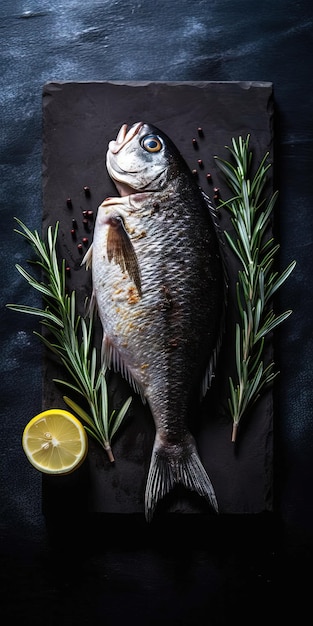 A fish on a black platter with lemons and lemons