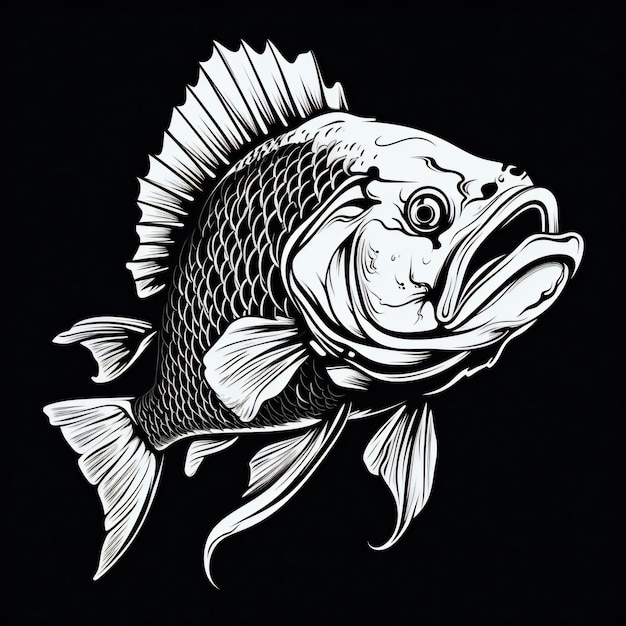 Photo fish black white mascot silhouette illustration for tshirt design