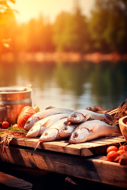 Fish on a board near the lake catch selective focus