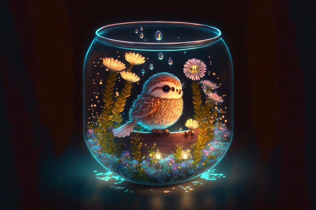 A fish bowl with a bird on it