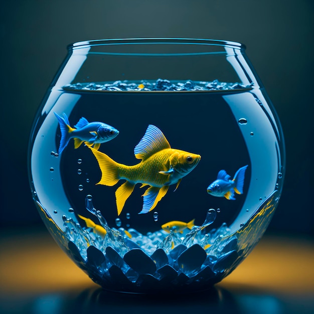 A fish bowl with a blue background and a goldfish in it.