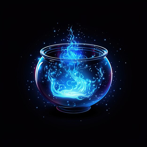 a fish bowl with a blue and green flame and a blue background