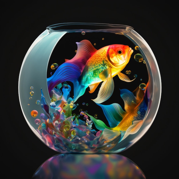 A fish bowl with a colorful fish inside and a black background.