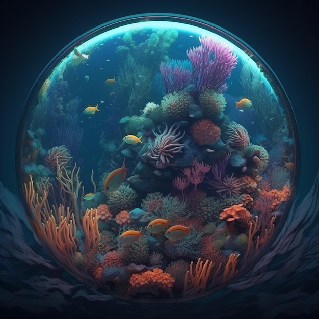 A fish bowl with a coral reef inside