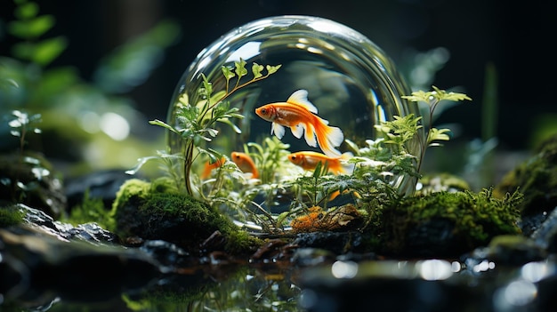 A fish bowl with a green leaf in it