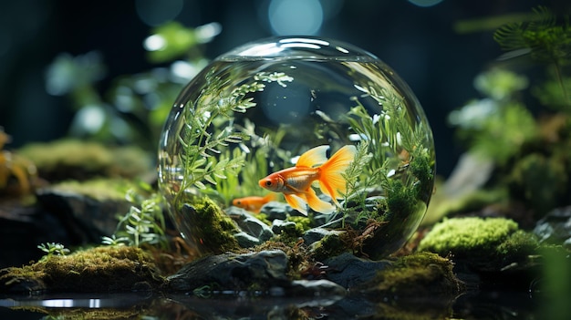 A fish bowl with a green leaf in it