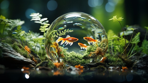 A fish bowl with a green leaf in it
