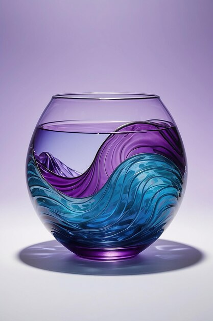 A fish bowl with a purple and blue design and a purple wave inside it