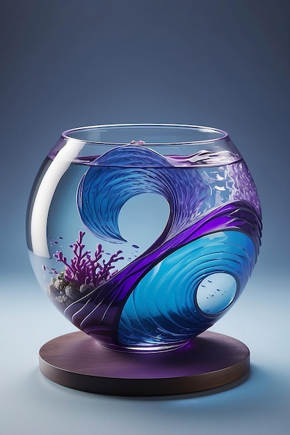 A fish bowl with a purple and blue design and a purple wave inside it