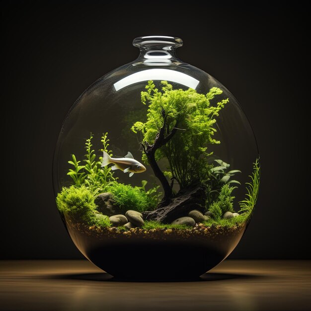 a fish bowl with a tree in it and a tree in the middle