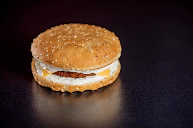 Fish burger close up on isolated black background