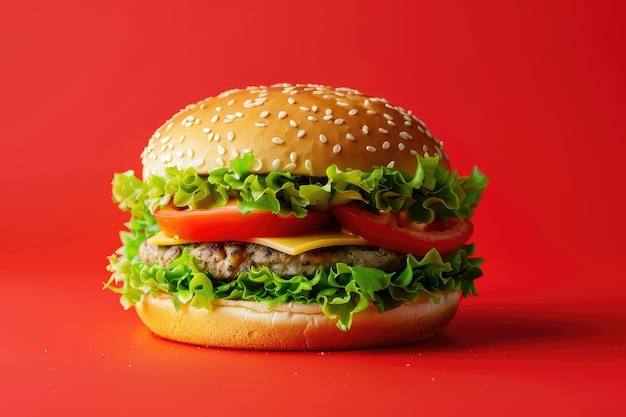 Fish burger with tomatoes cheese lettuce on colorful background