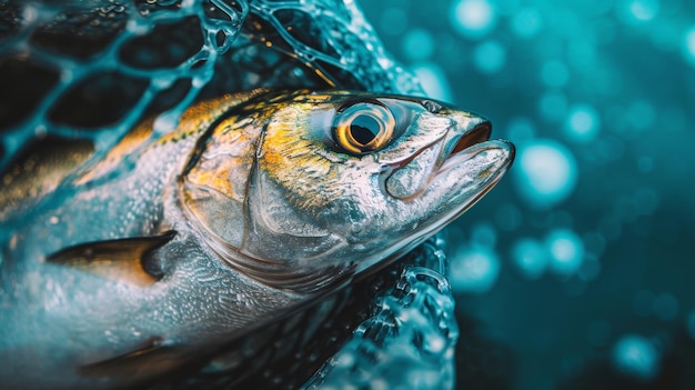 写真 人間の廃棄物が海洋生物に及ぼす影響を示す漁網で捕獲された魚