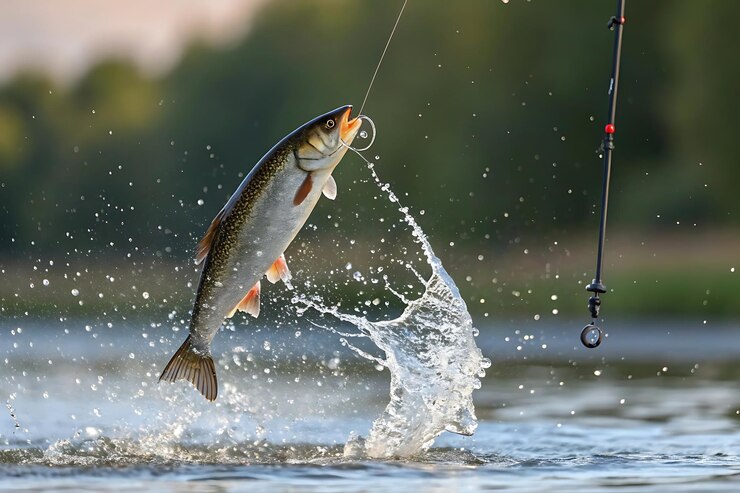背景に釣り竿がある水に捕まった魚