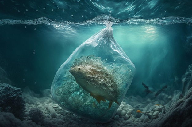 Foto pesce in un sacchetto di cellophane in mare generato da ai concetto ecologico e tema del riciclaggio dei rifiuti