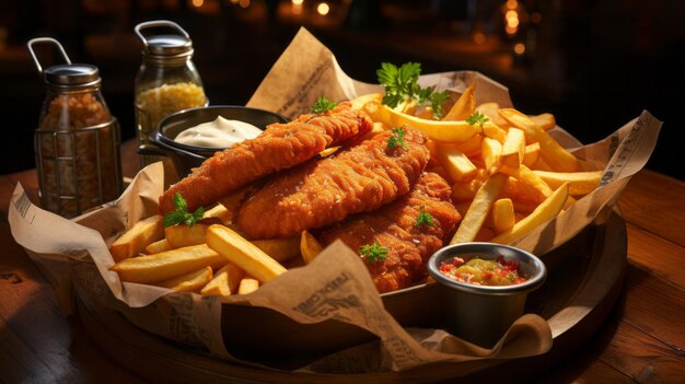 Fish and chips in a basket closeup shot generative ai