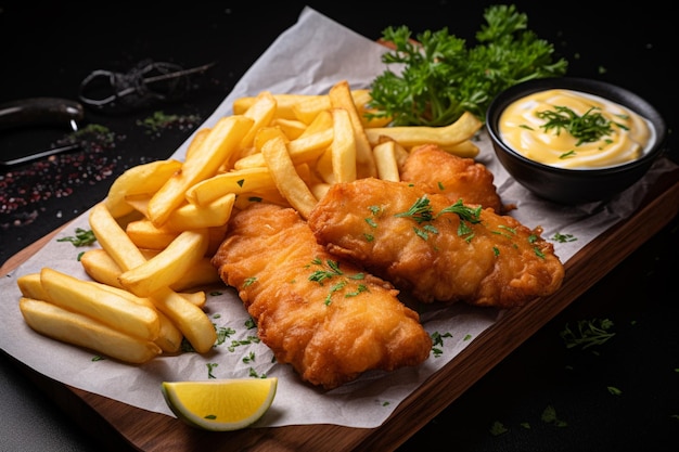 fish and chips on black marble background