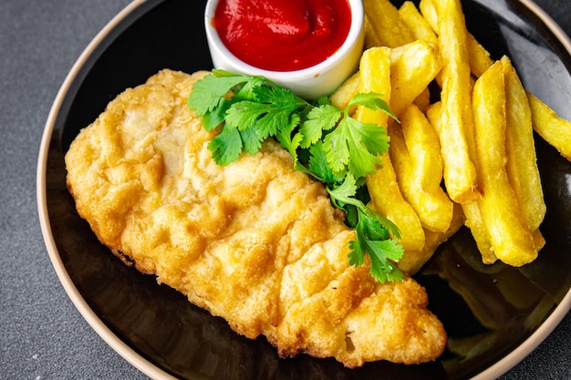 fish and chips french fries deep fried fast food takeaway healthy meal food snack on the table