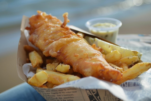 魚とチップスの食事は紙のバスケットで提供されます