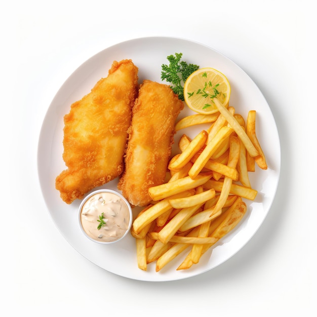 Fish And Chips New Zealand Dish On A White Plate On A White Background Directly Above View