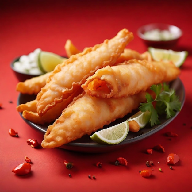 Fish chips on a plate with red background