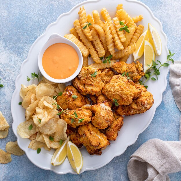 Photo fish and chips on a serving platter with dipping sauce