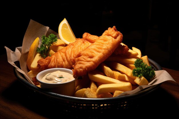 Fish and chips on table in pub Traditional British snack in cafe