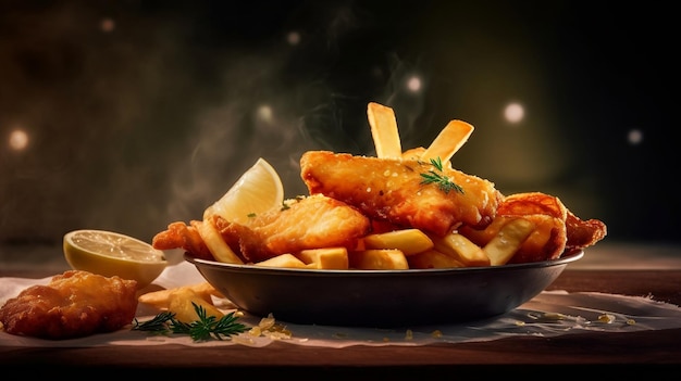 And Fish and chips with french fries Fast food using AI generative and fast food concept