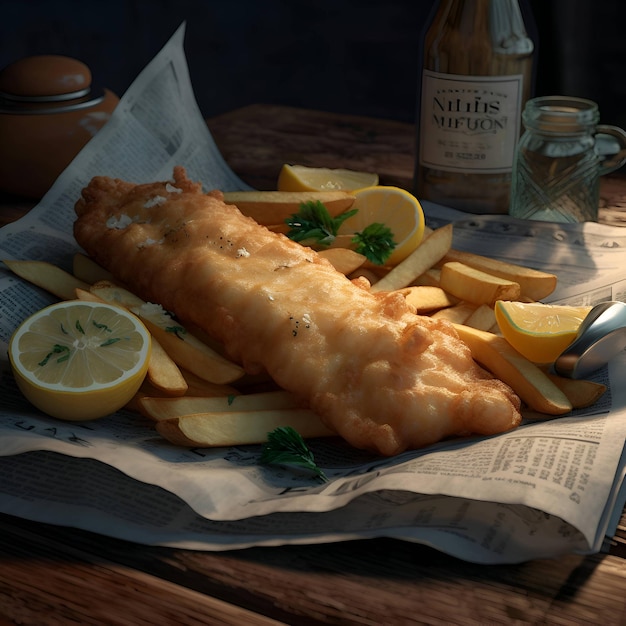 Fish and chips with lemon and parsley on a wooden table