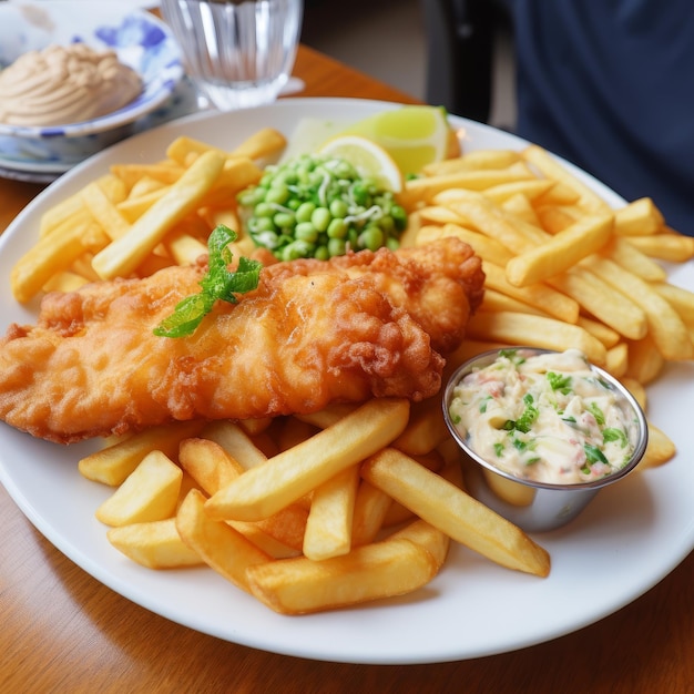 Photo fish and chips with tartar sauce on wooden table