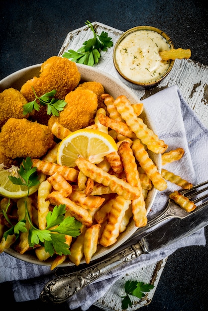 Fish and chips with tartar sauce