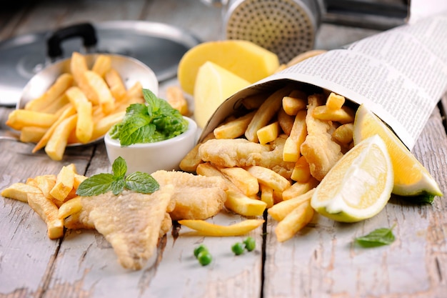 Fish Chips in wooden table