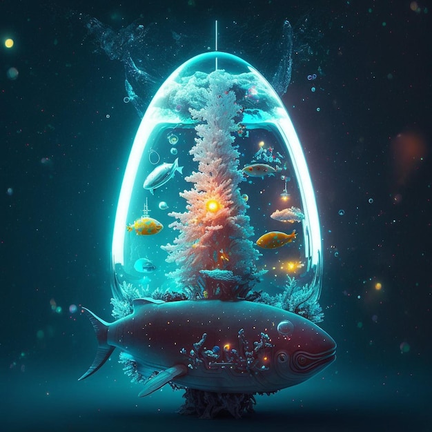 A fish and a christmas tree inside an egg