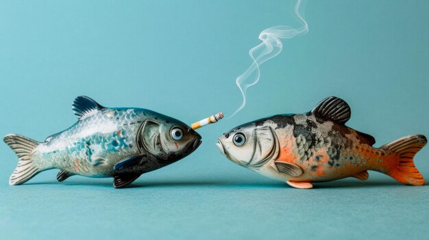 Photo fish cigarette smoking on blue background