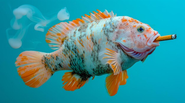 Photo fish cigarette smoking on blue background