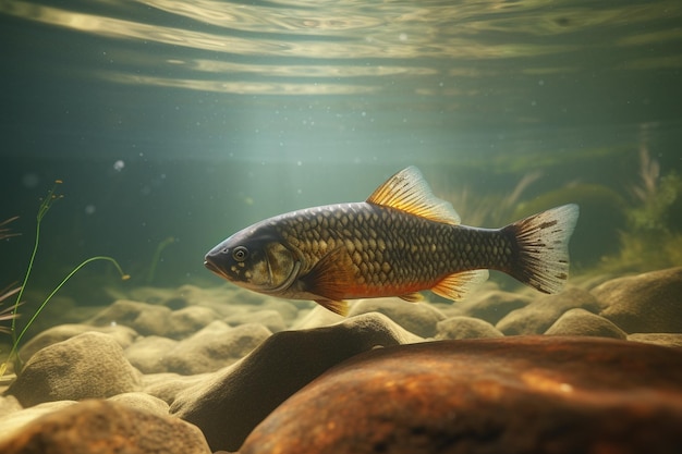 A fish in a clear water with the sun shining on it.