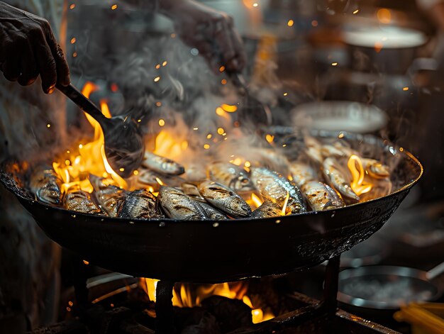 Fish cooking on a grill macro shoot